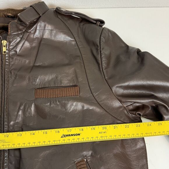 Vintage 80s Brown Leather Bomber Racing Jacket & Removable Faux Fur Liner L/48 - Picture 11 of 16